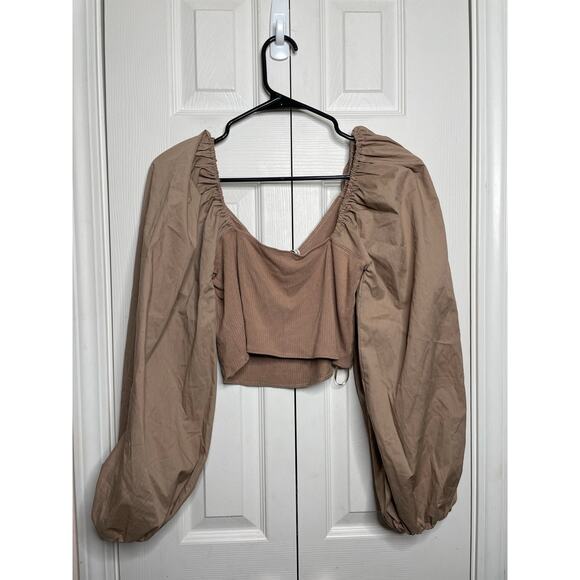 NEW Abercrombie & Fitch Womens Tan Ribbed Balloon Sleeve Blouse Size Large - Picture 5 of 6